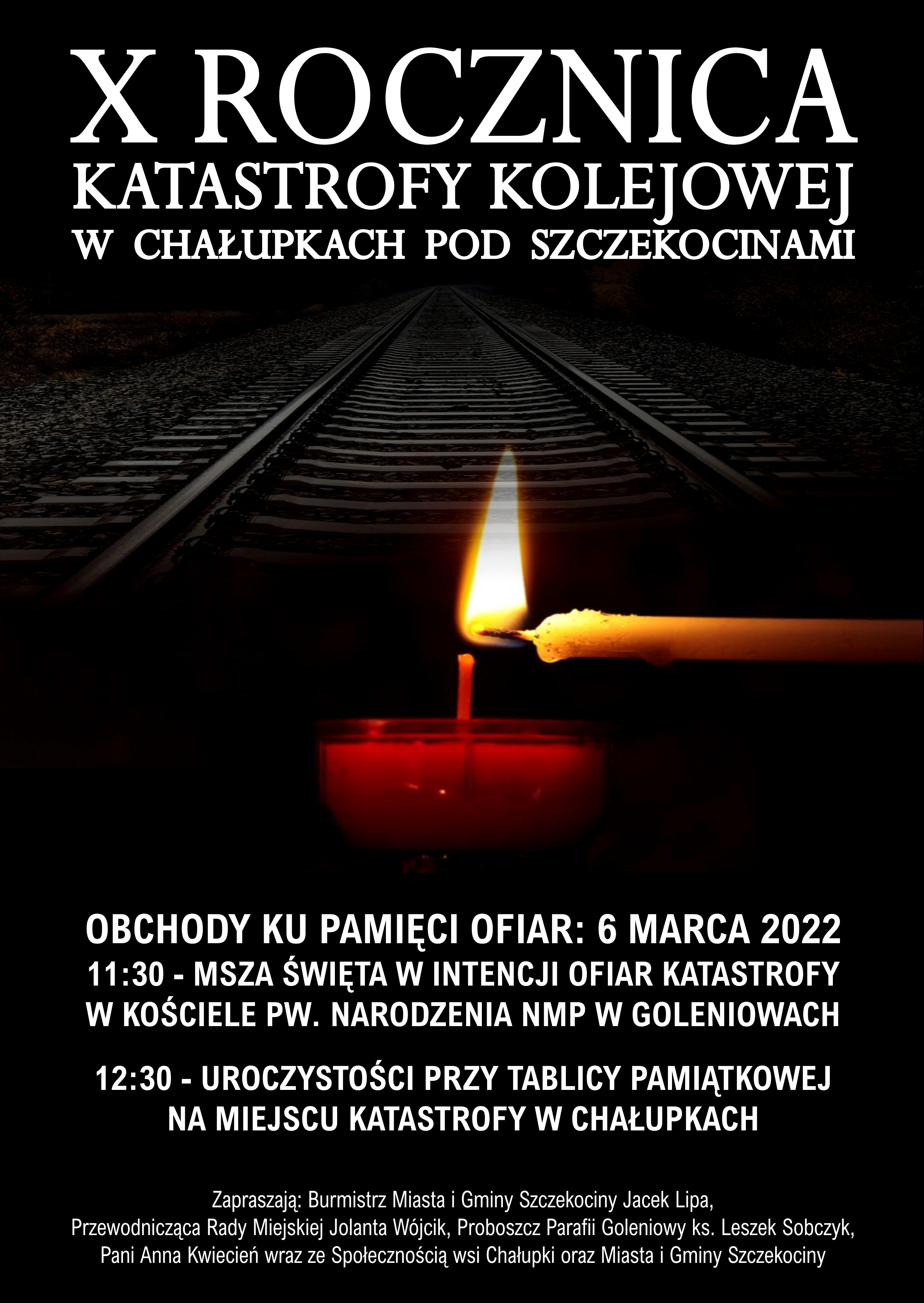 plakat: X Rocznica Katastrofy Kolejowej w Chałupkach pod Szczekocinami